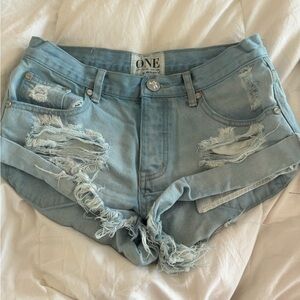 One Teaspoon Light Blue Distressed Jean Shorts